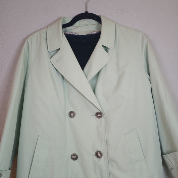 Vintage Sears Pastel Green Double Breasted Trench Coat Zip Out Furry Lining M L - Picture 2 of 9